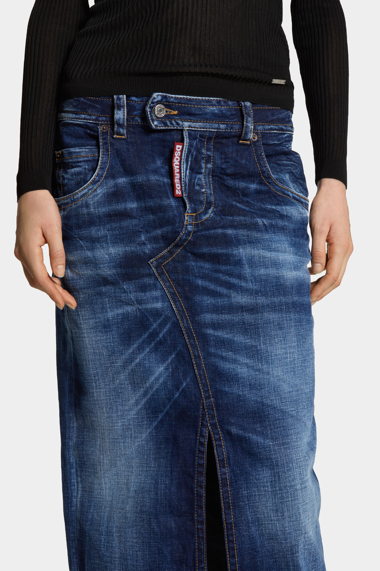 Medium Wash Front Split Jean Skirt