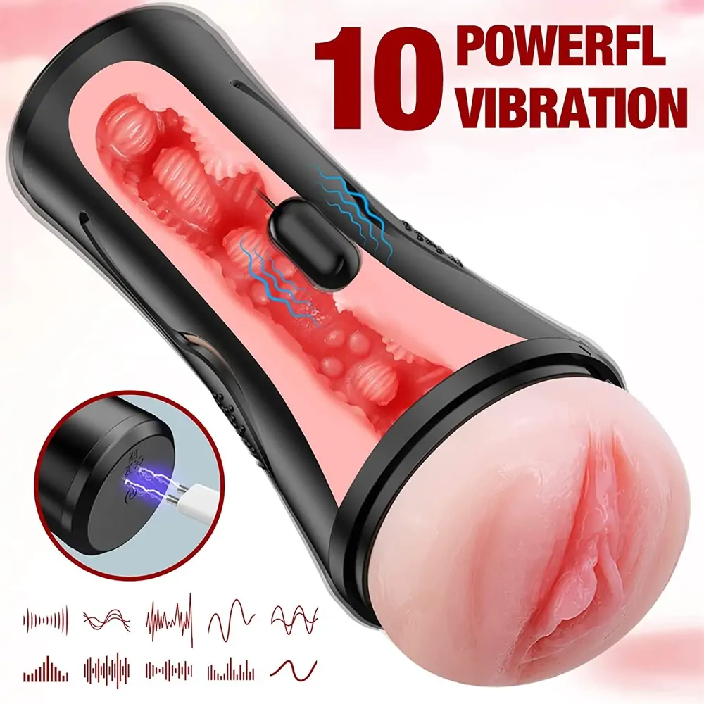 Cock Milking Sexual Stamina Training Unit - Vibrating Handheld Squeezable Textured Fleshy Vagina