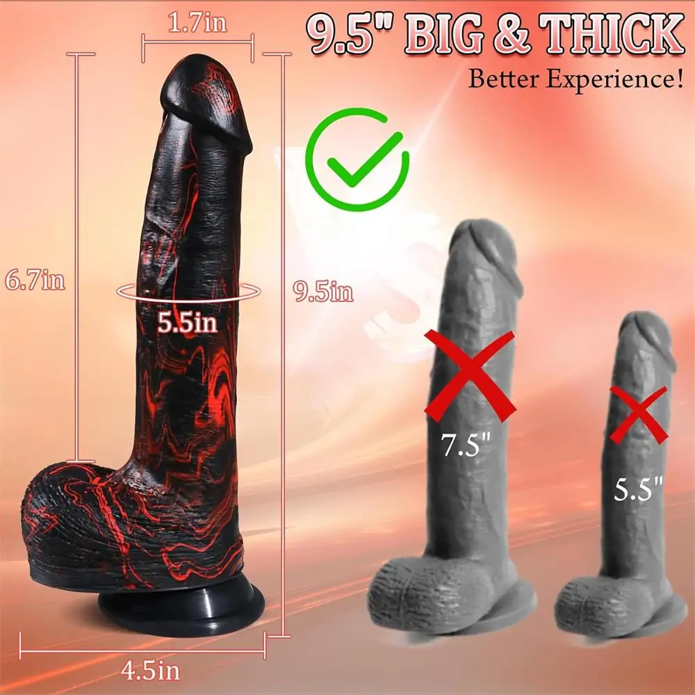 9.5” Black and Red Striped Thick Realistic Vibrating Thrusting Dildo – Adjustable Speeds, Remote & Suction Base