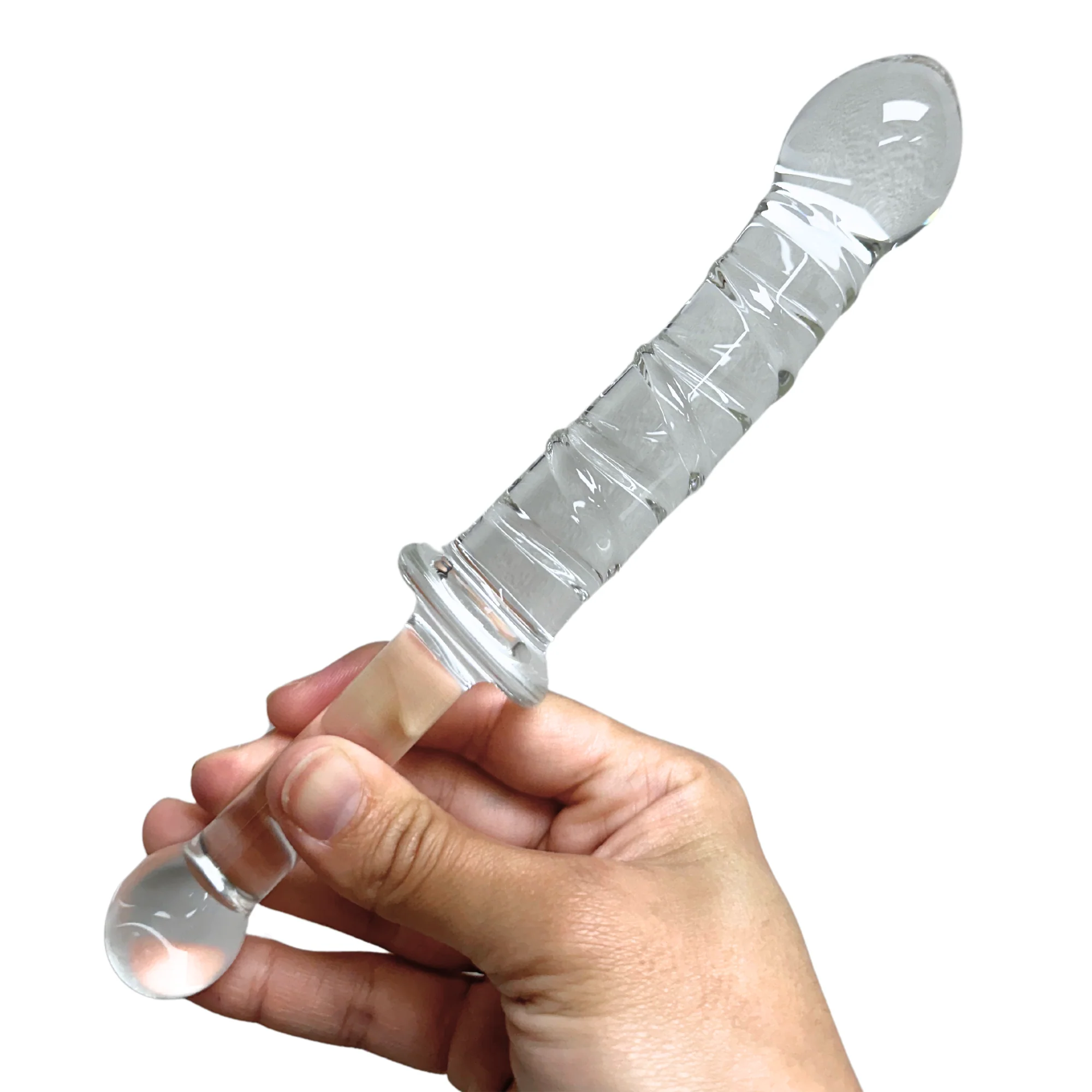 X-Long Textured Glass Dildo With Handle