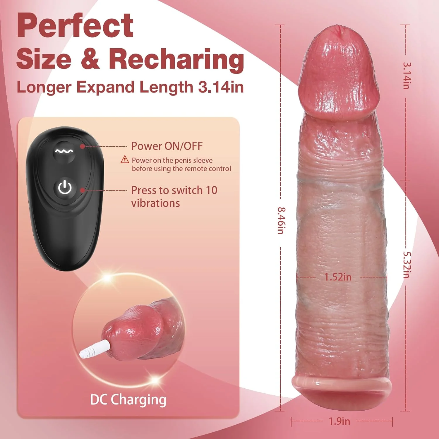 Amateur Penis Extender Vibrating Cock Sleeve with 10 Vibrations & Remote Control (<30 dB)
