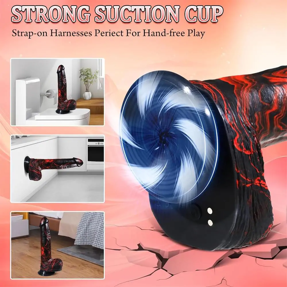 9.5” Black and Red Striped Thick Realistic Vibrating Thrusting Dildo – Adjustable Speeds, Remote & Suction Base