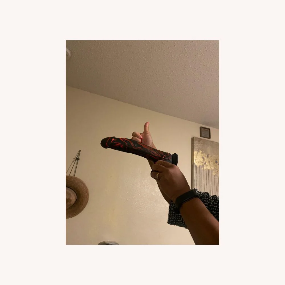 9.5” Black and Red Striped Thick Realistic Vibrating Thrusting Dildo – Adjustable Speeds, Remote & Suction Base