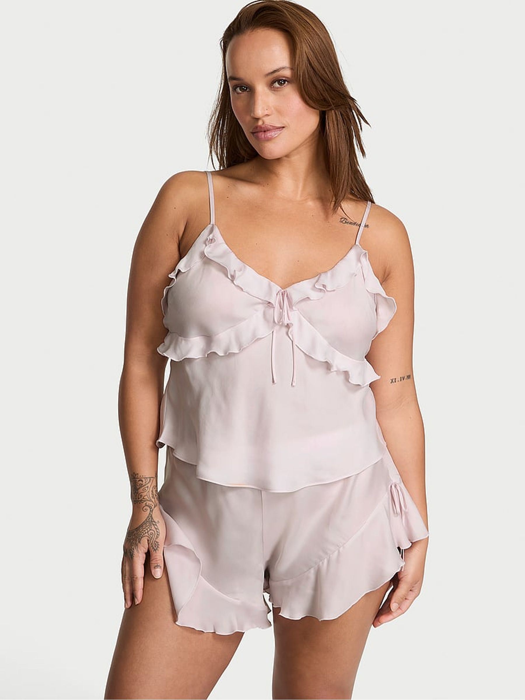 Gray Lilac Silky Flutter Ruffled Cami Set
