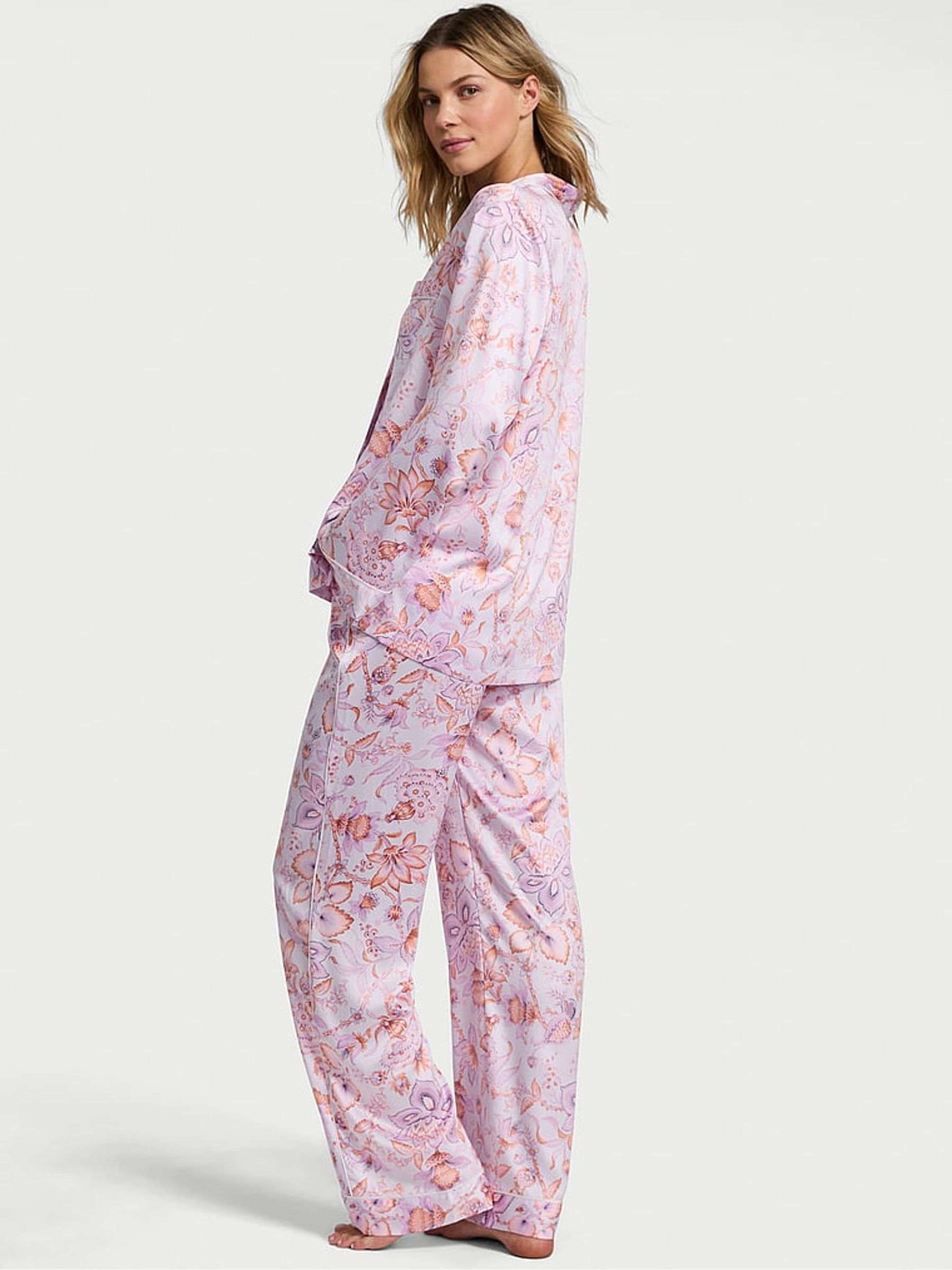 Purple Floral Satin Long Pyjama Set