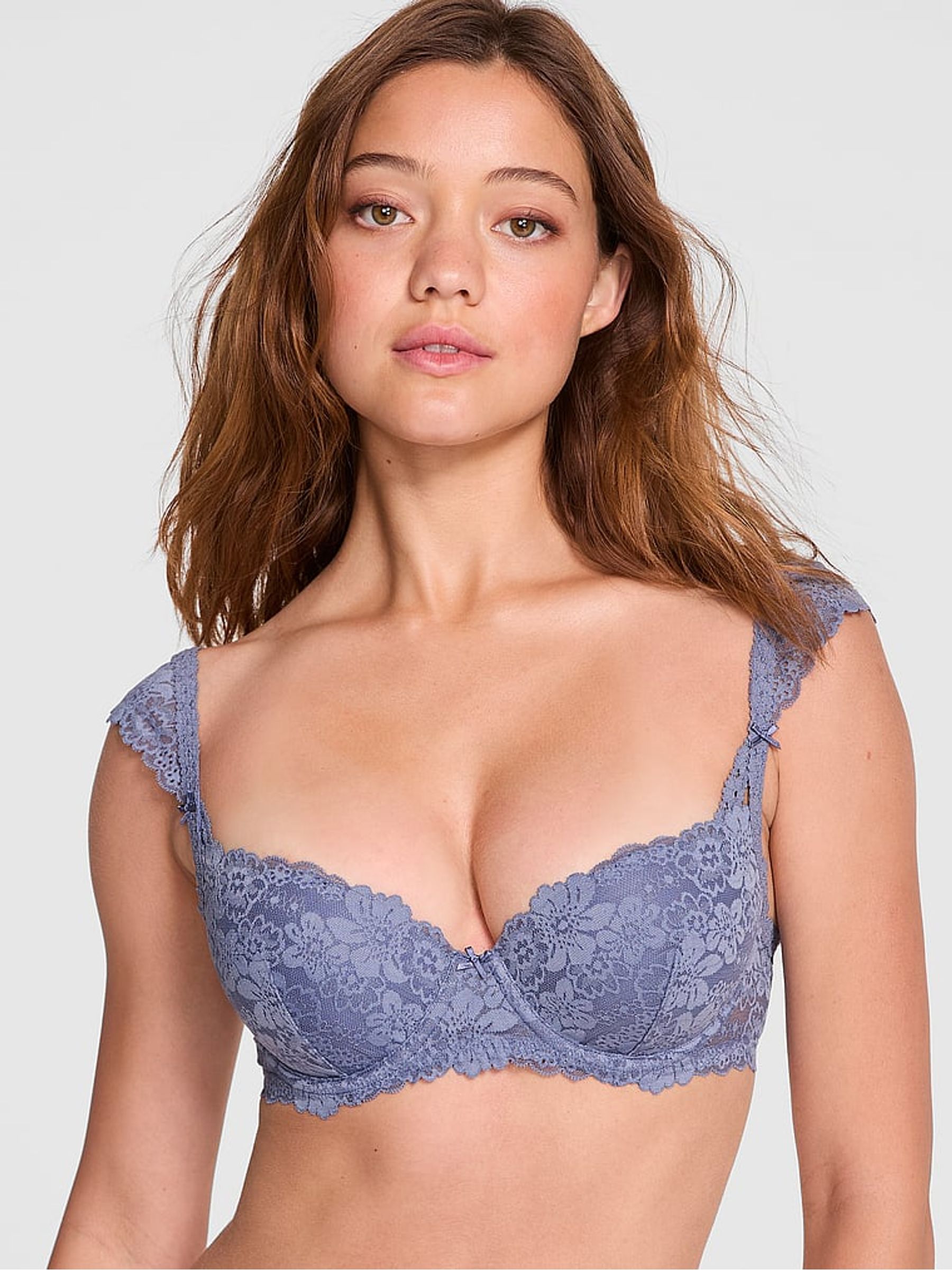 Dusty Iris Blue Push Up Lace Flutter Sleeve Bra