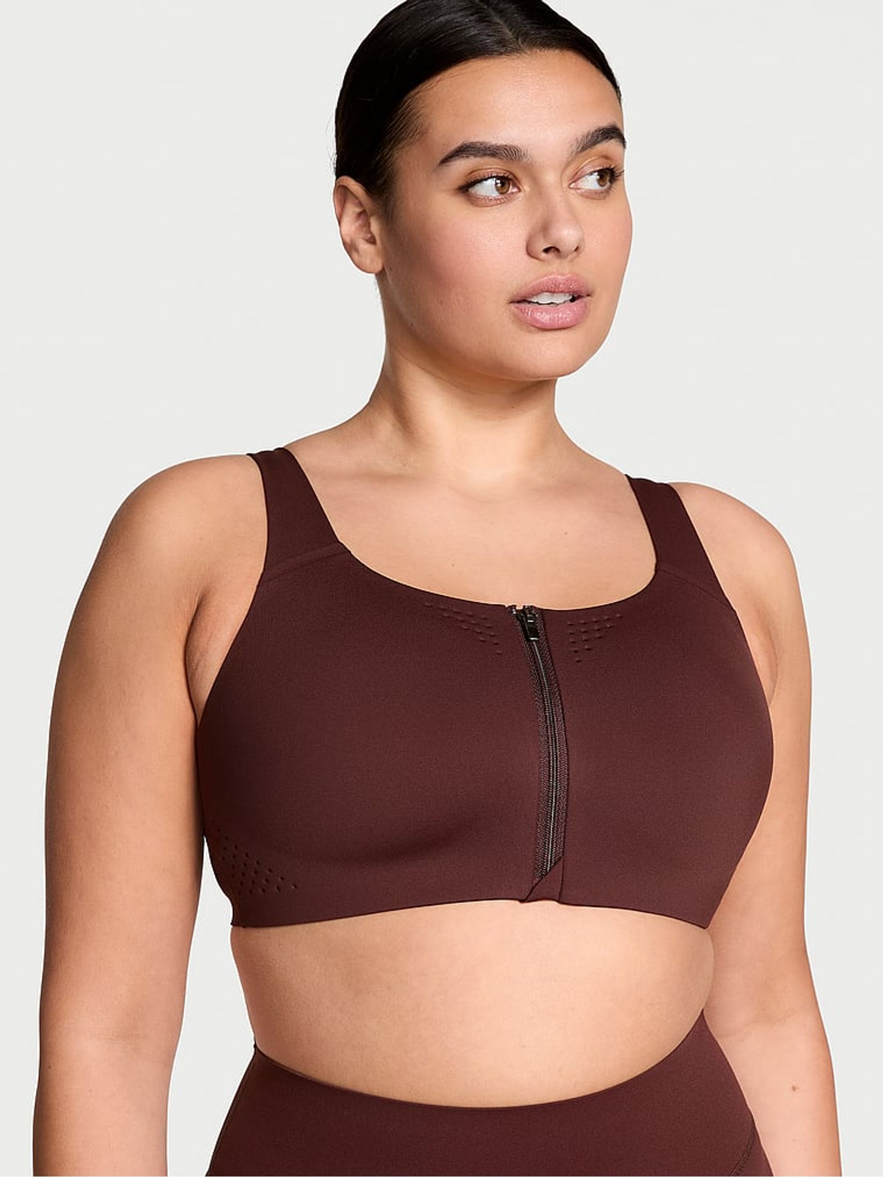 Burgundy Brown Strappy Back Front Close Featherweight Max High Support Sports Bra