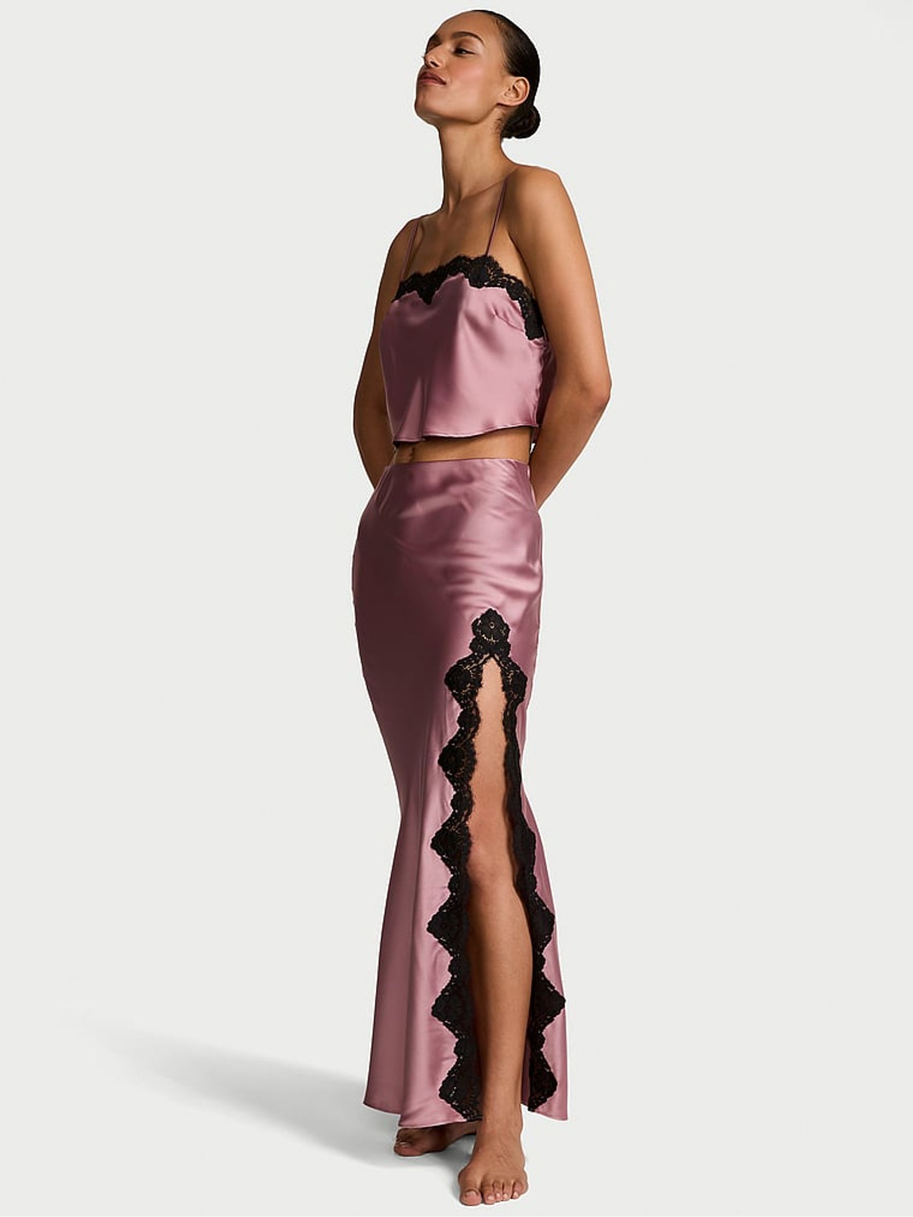 Pink Rose Satin Lace-Trim Cropped Top & Slip Skirt Set