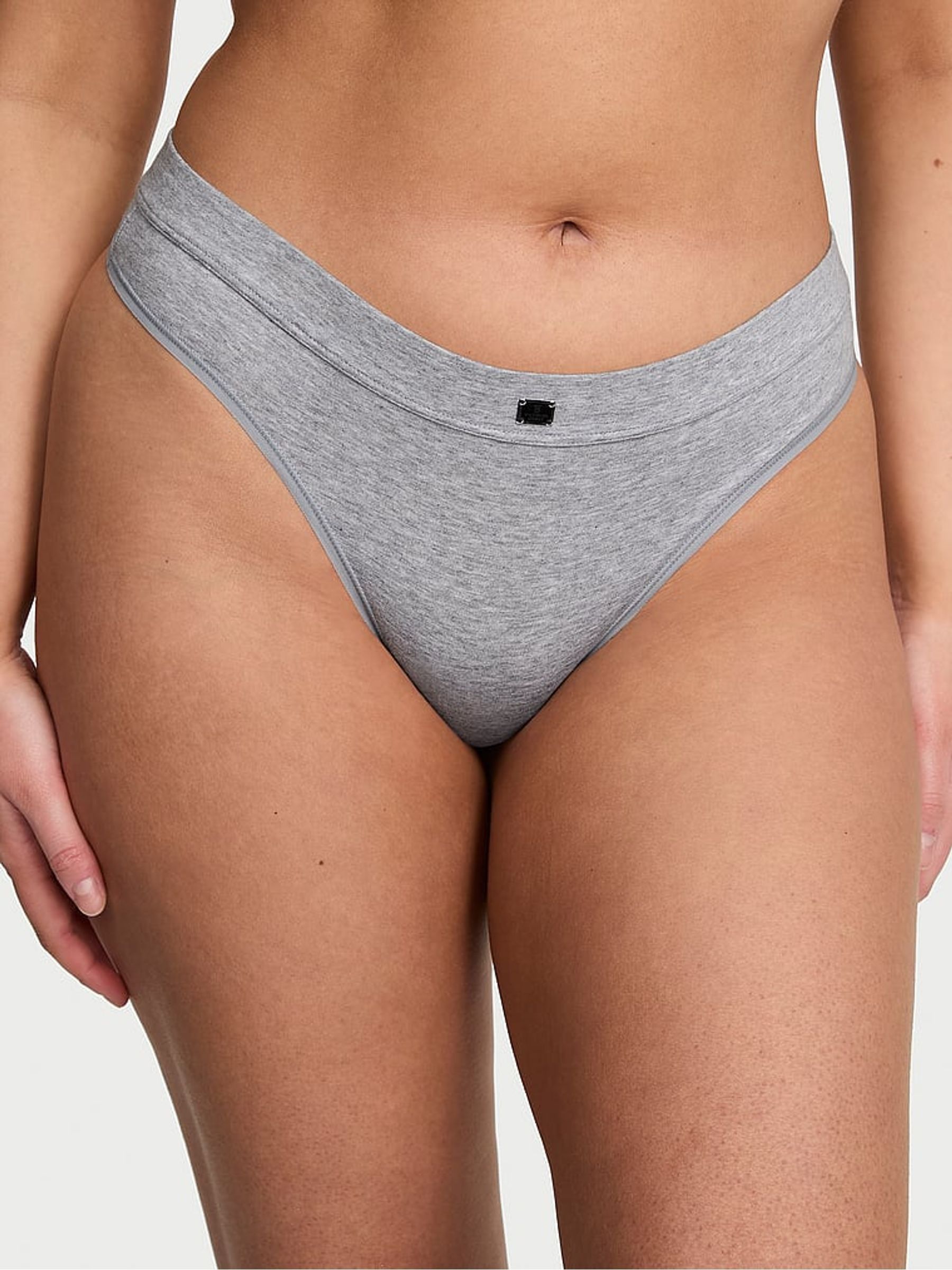 Grey Heather Thong Cotton Logo Knickers