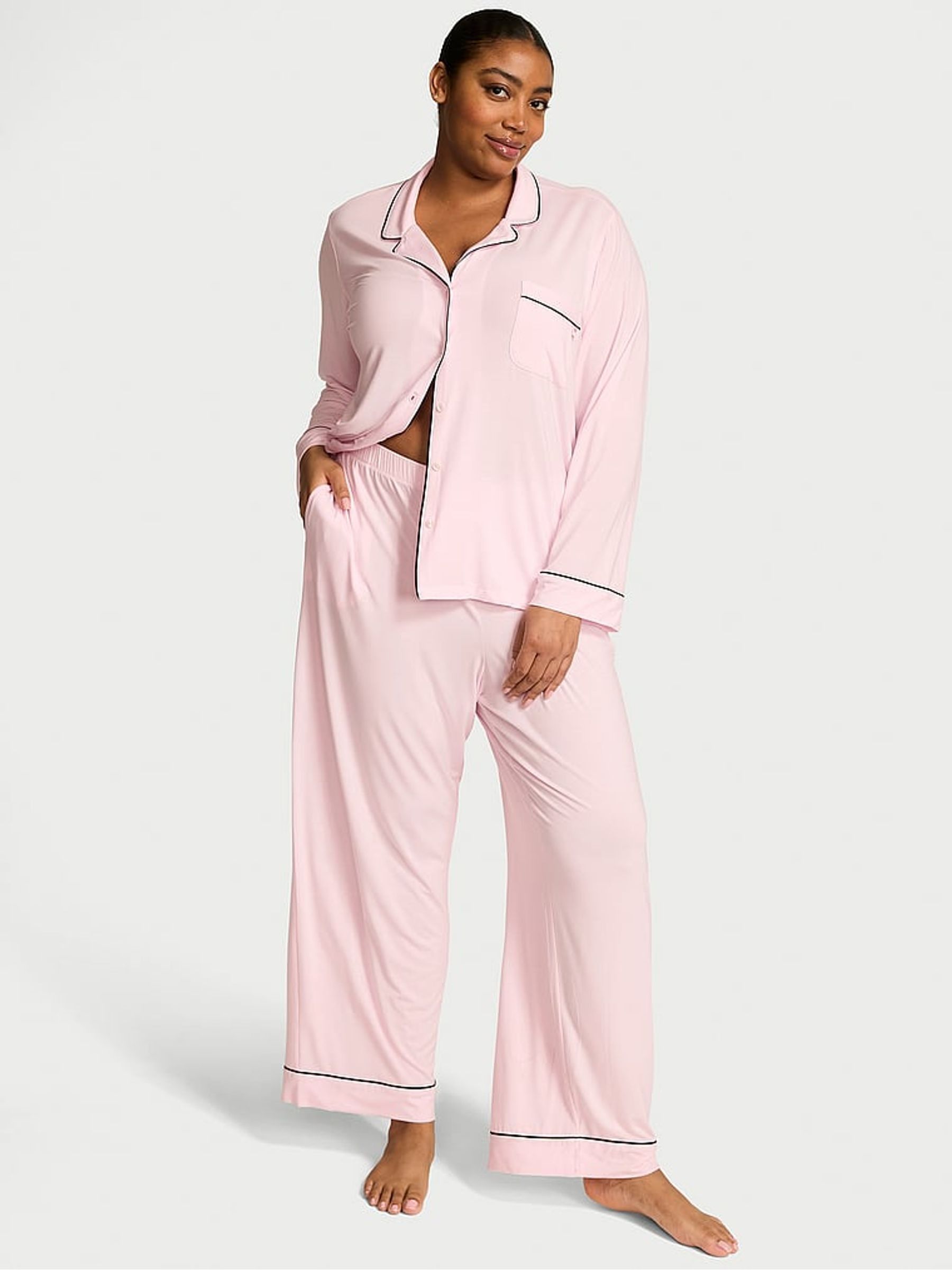 Angel Pink With Black Piping Modal Long Pyjama Set