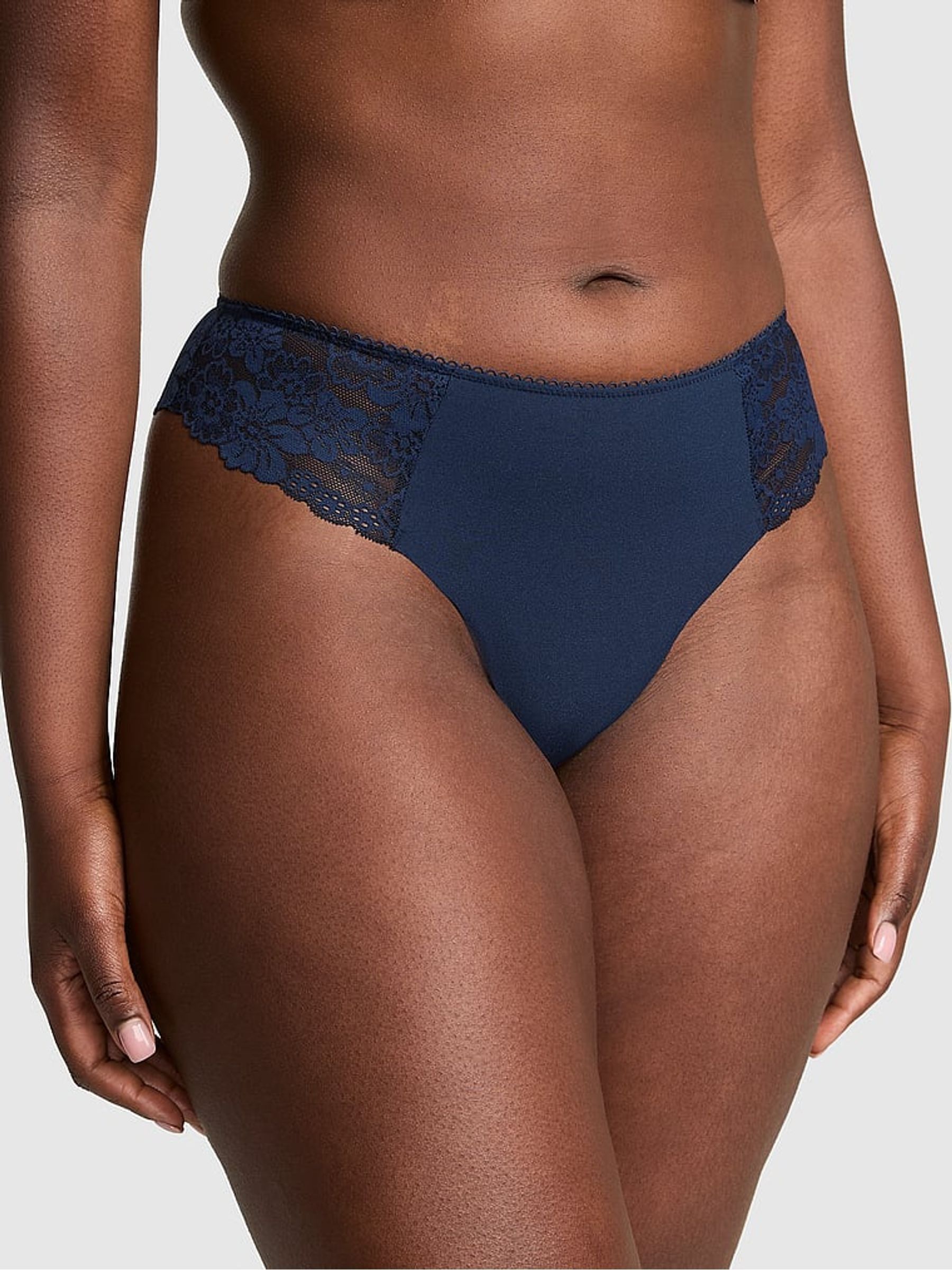 Noir Navy Blue Thong No Show Lace Trim Cheeky Knickers