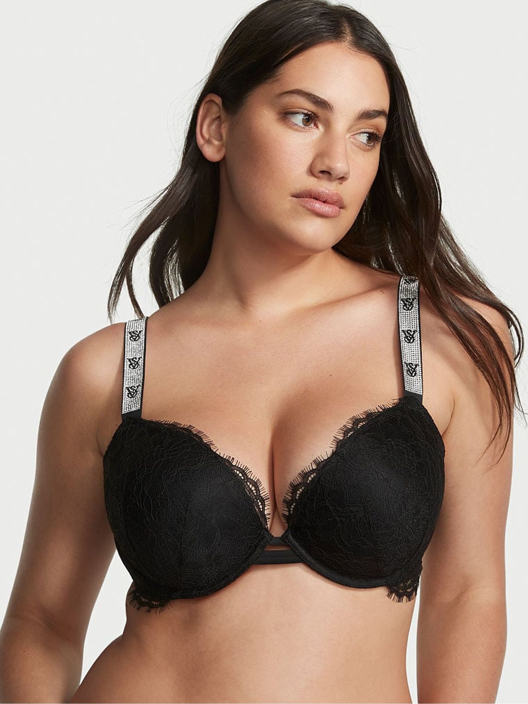 Black Monogram Push Up Shine Strap Bra
