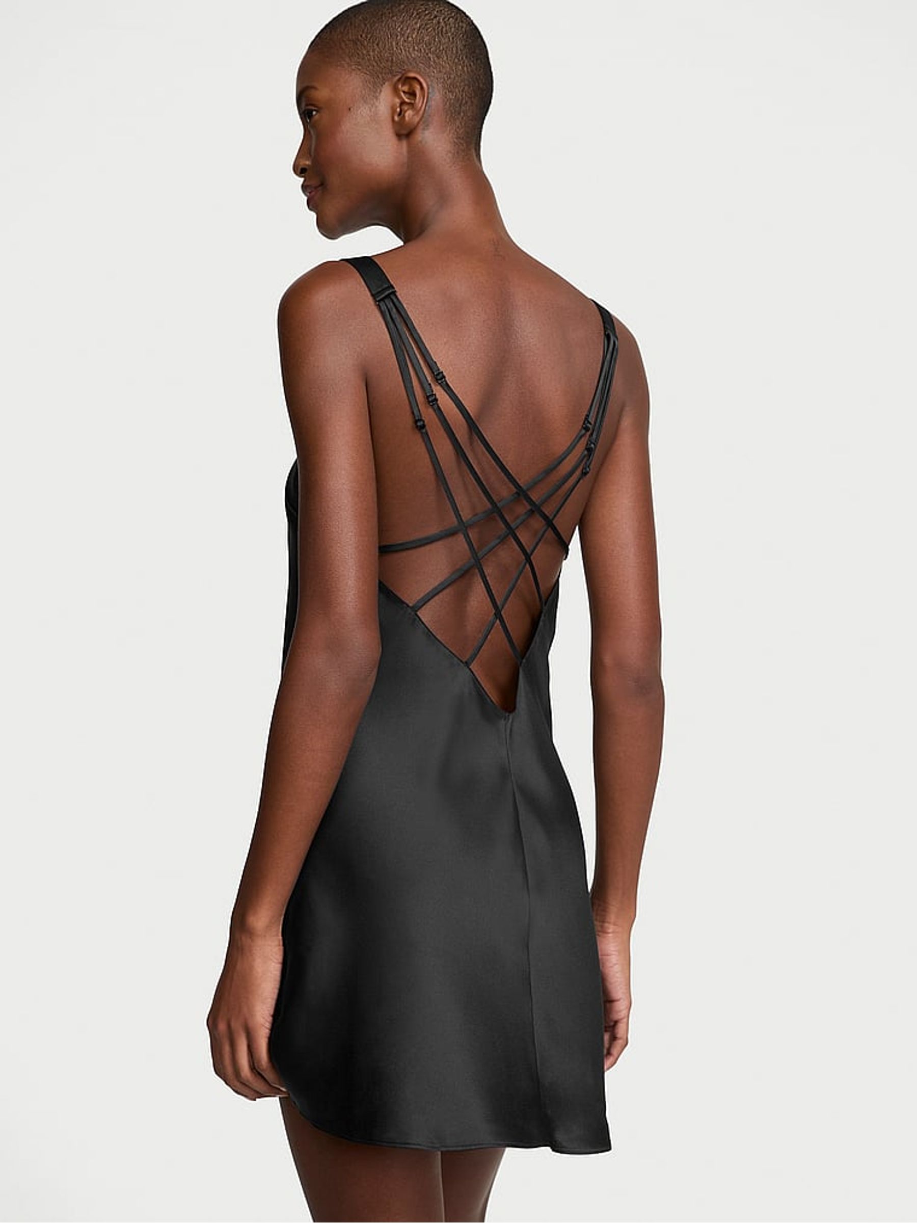 Black Shine Strappy Back Satin Slip Dress