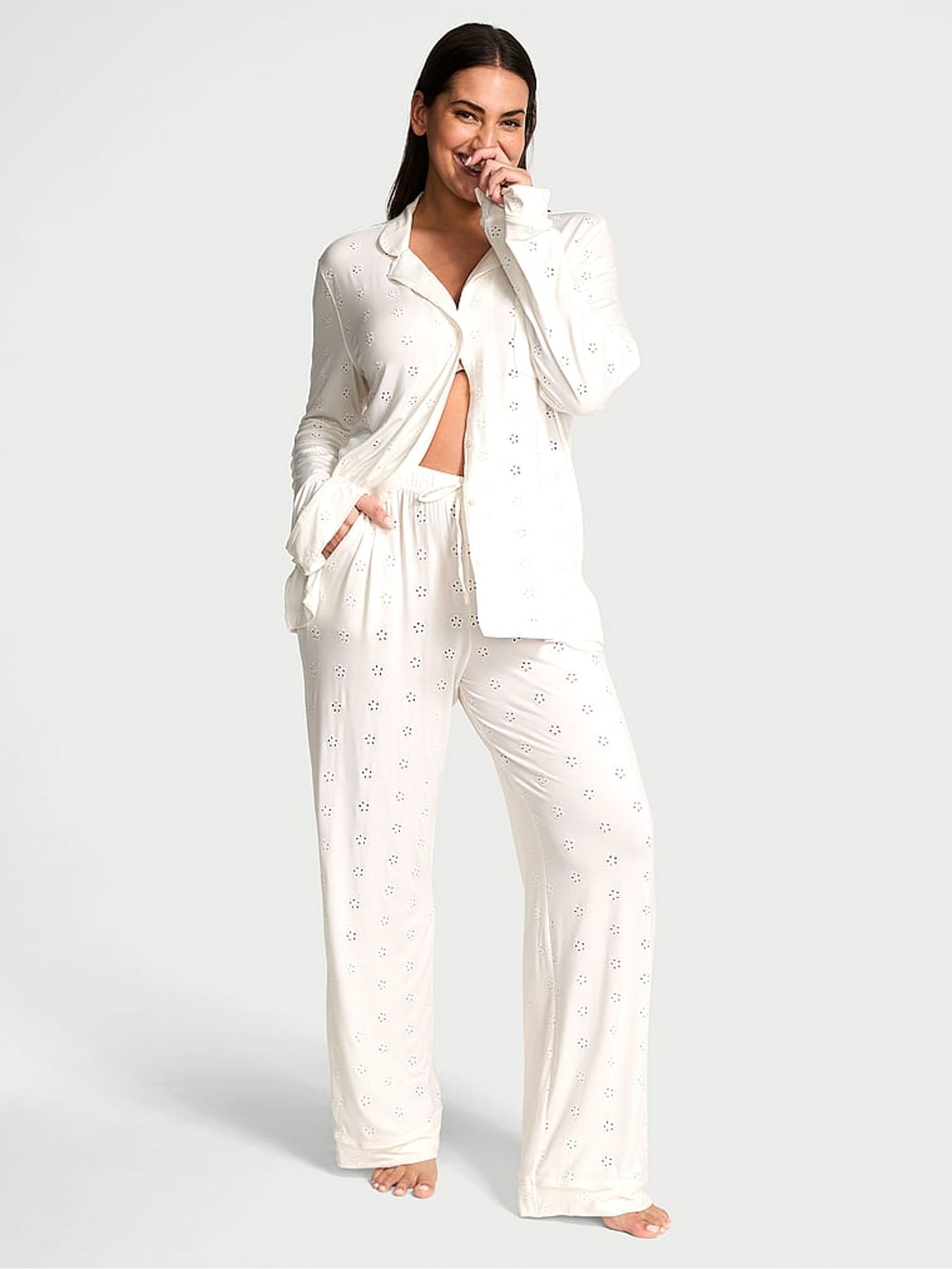 Coconut White Eyelet Modal Long Pyjama Set