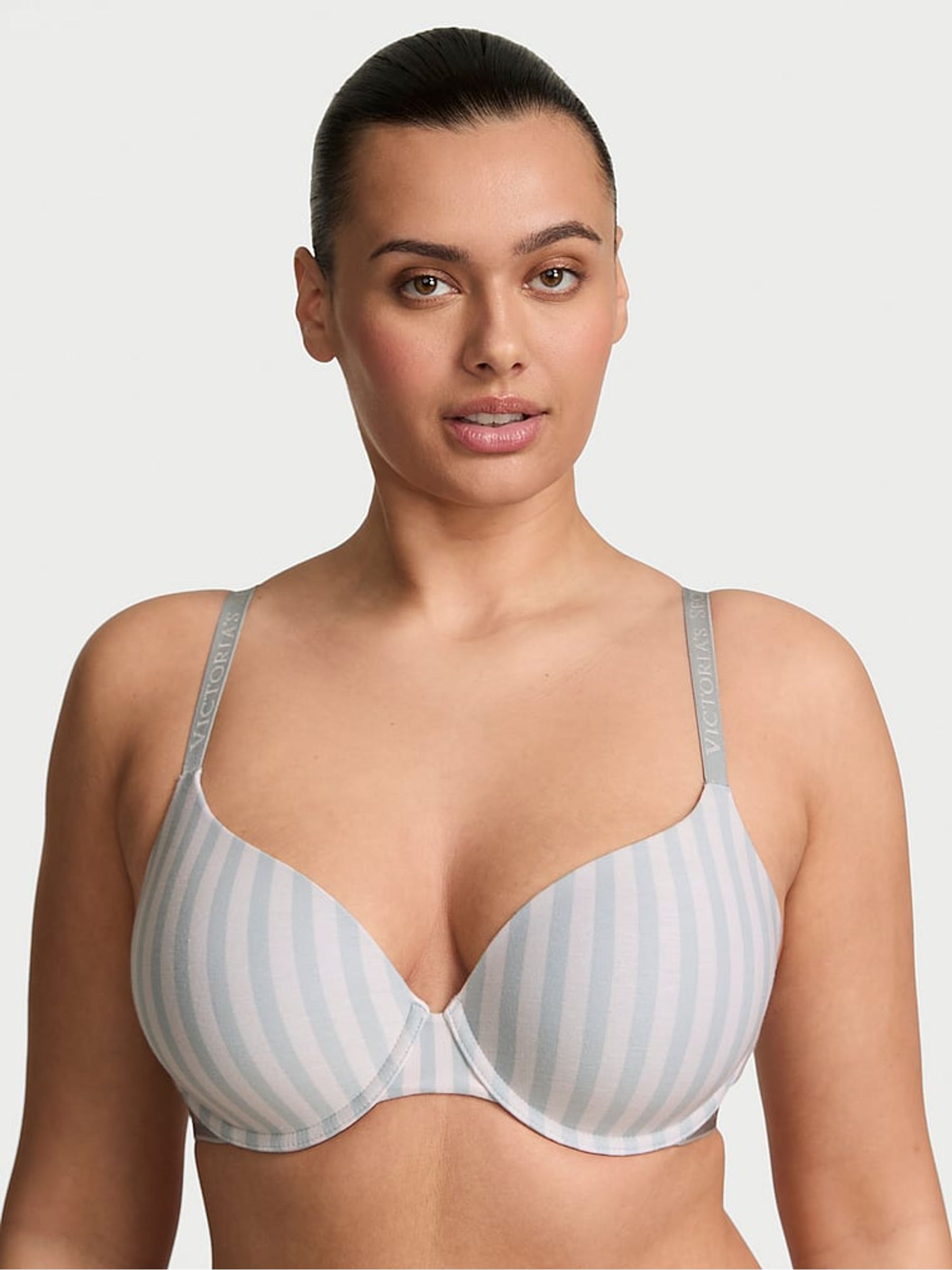 Grey Fog Stripe Lightly Lined Demi Cotton Logo Bra