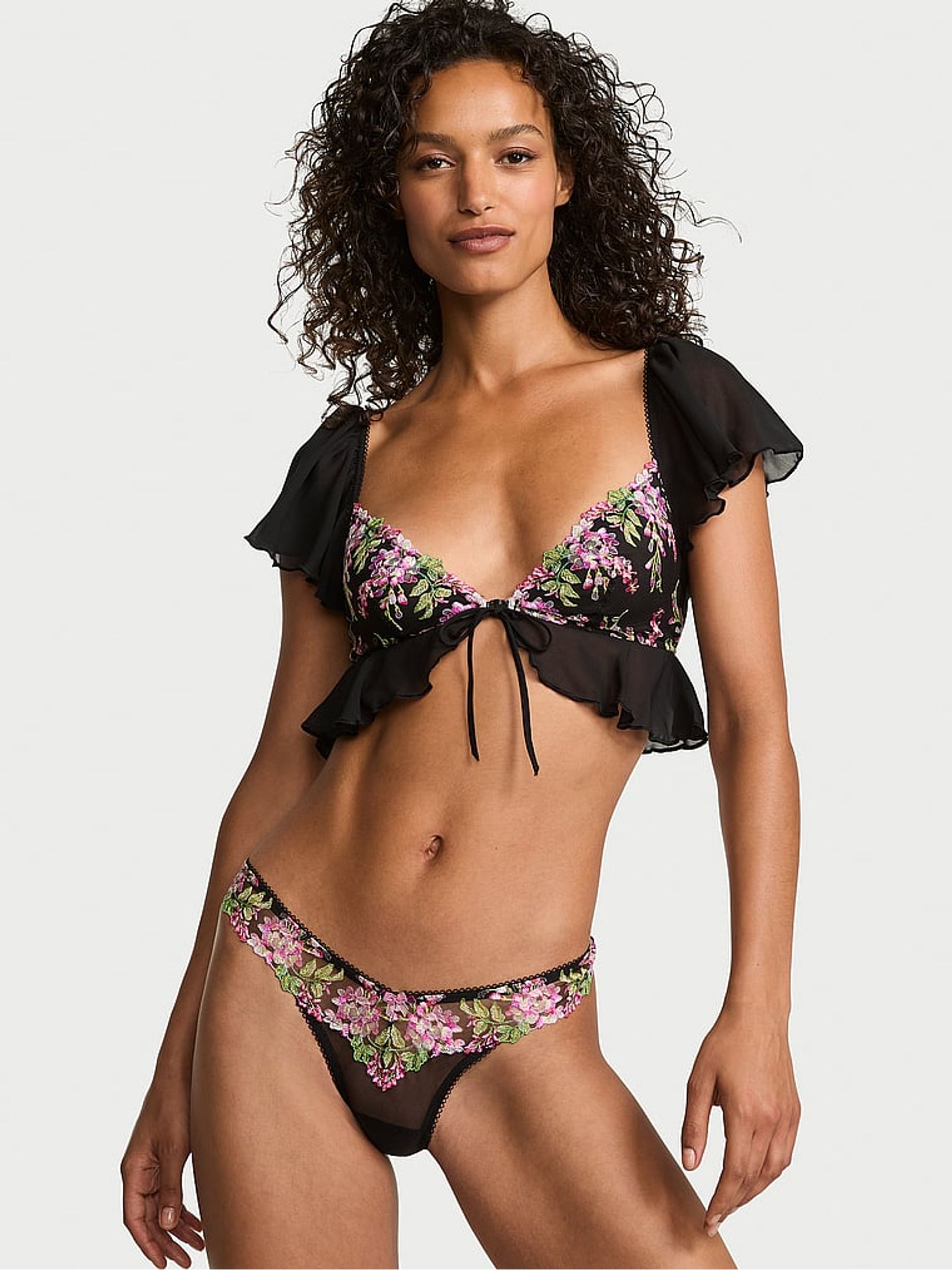 Black Wisteria Embroidery Flutter Bra Top
